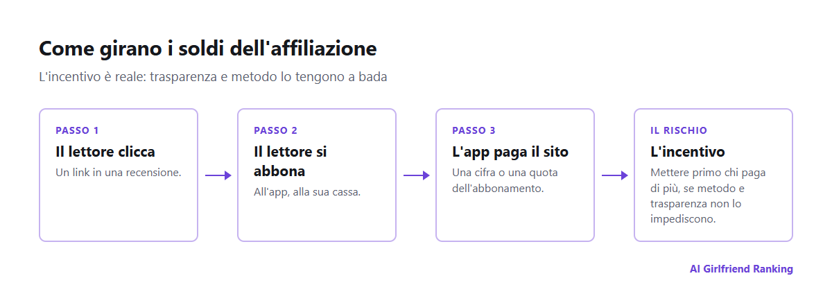 Come il denaro di affiliazione passa dall'abbonamento del lettore all'app e da questa al sito di recensioni, e dove nasce l'incentivo a falsare una recensione