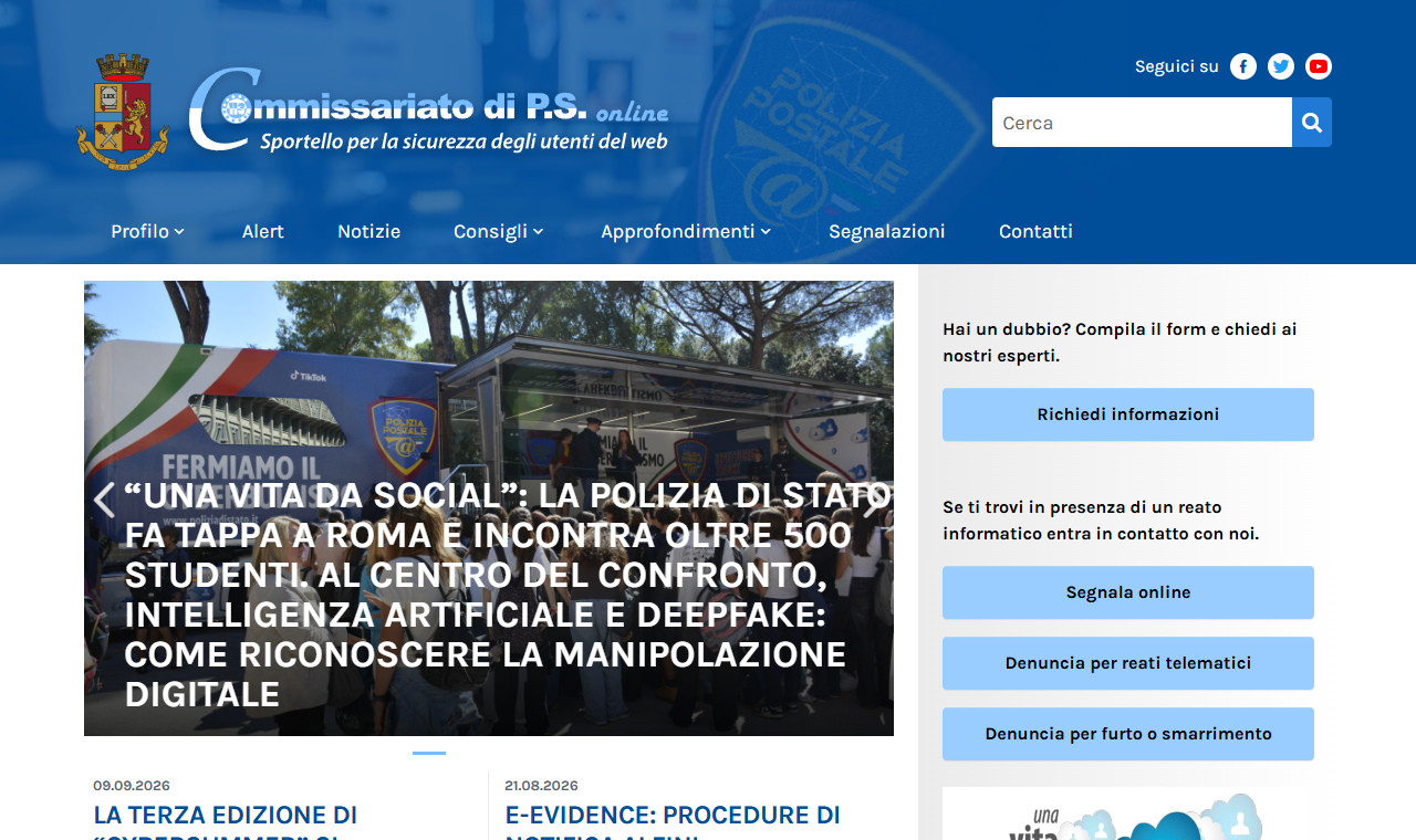 Il sito del Commissariato di PS online della Polizia Postale, dove i cittadini italiani possono segnalare truffe e reati online