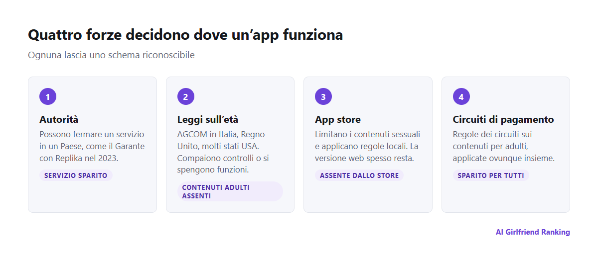 Quattro forze che limitano le app di compagnia AI per Paese: autorità, leggi sulla verifica dell’età, app store e circuiti di pagamento