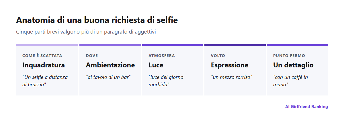 Anatomia di una richiesta di selfie AI: inquadratura, ambientazione, luce, espressione e un dettaglio, con un esempio per ciascuno