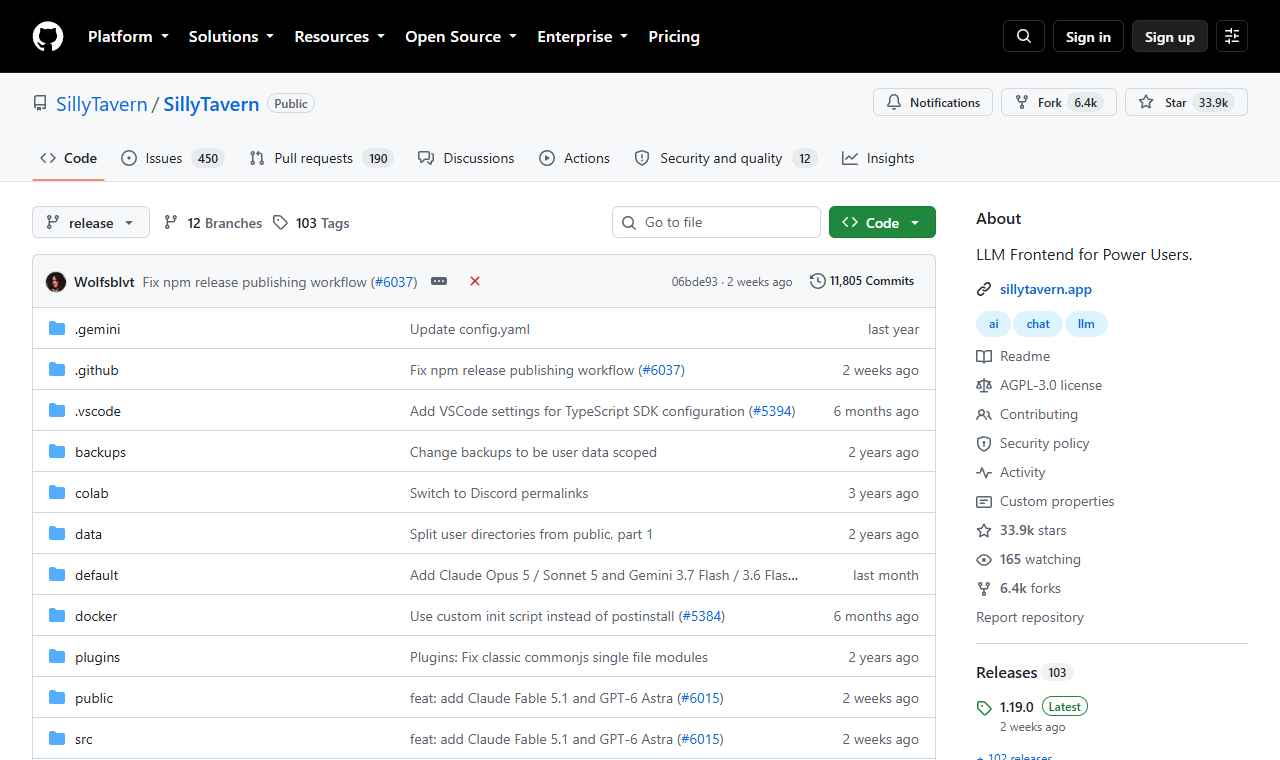 La pagina del progetto SillyTavern su GitHub